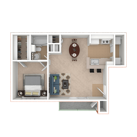 Floor plan for 1 bed, 1 bath, 586 sqft